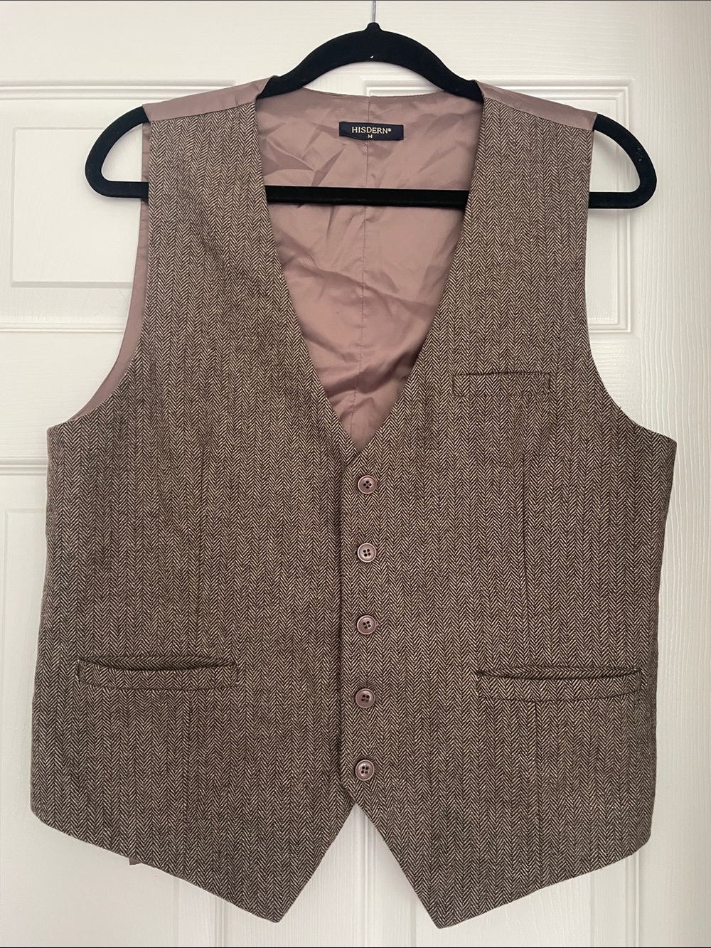 HISDERN Brown Herringbone Wool-Blend Vest